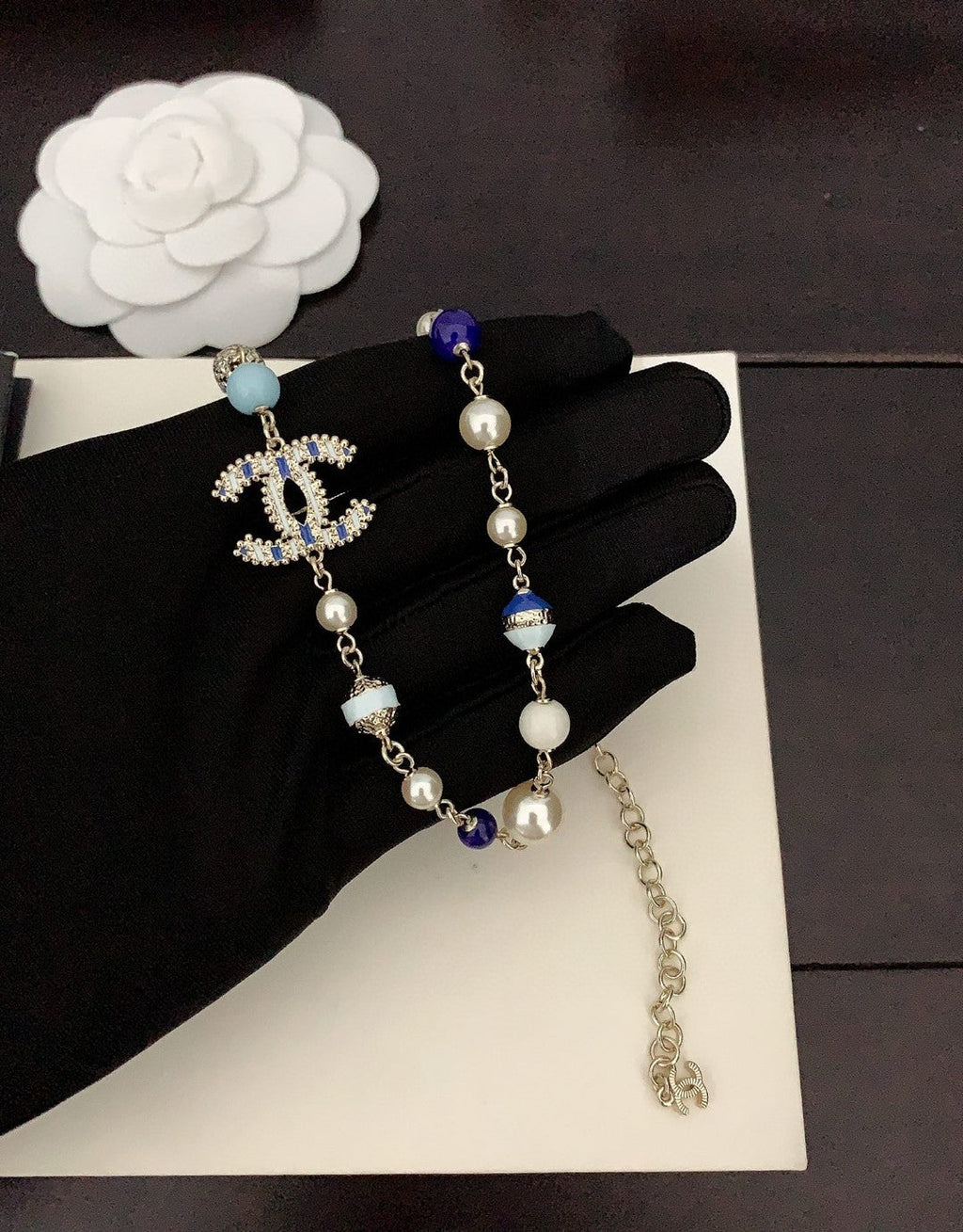 Chanel Blue & White Pearls 18K Gold Necklace