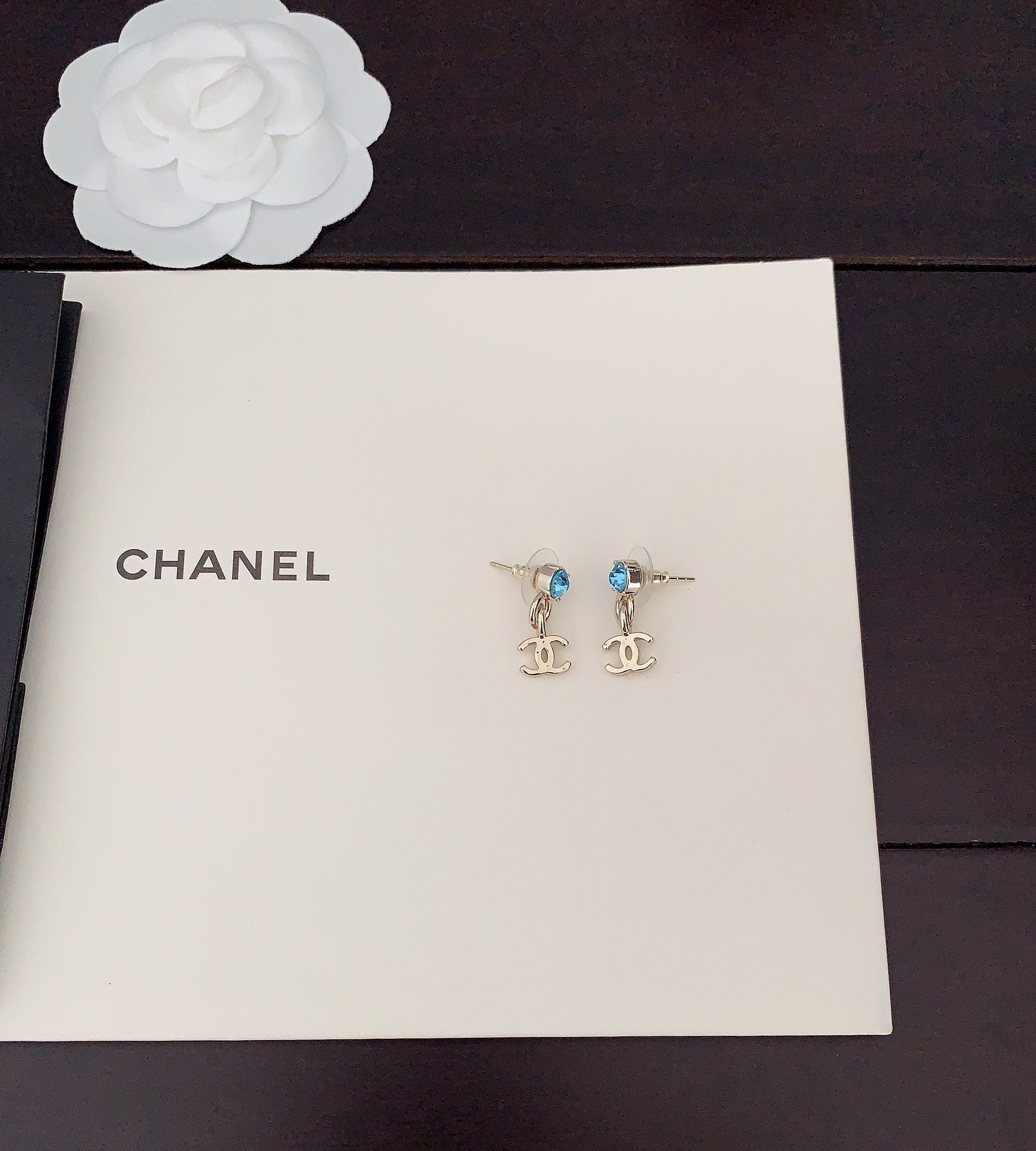Chanel Blue Crystal 18K Gold Earrings