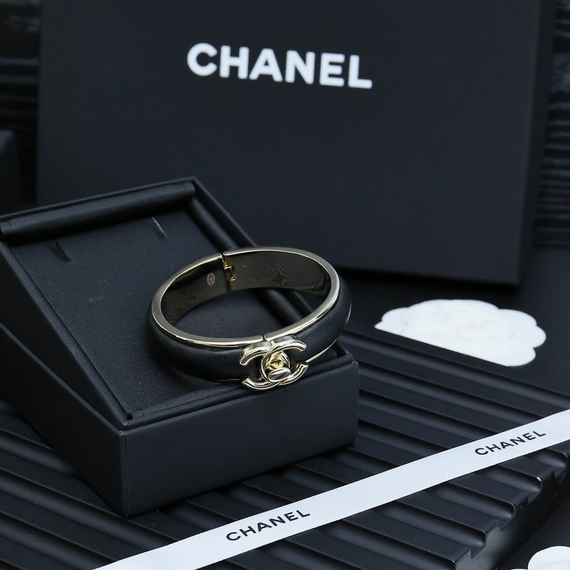 Chanel Black Leather Cuff 18K Gold Bracelet