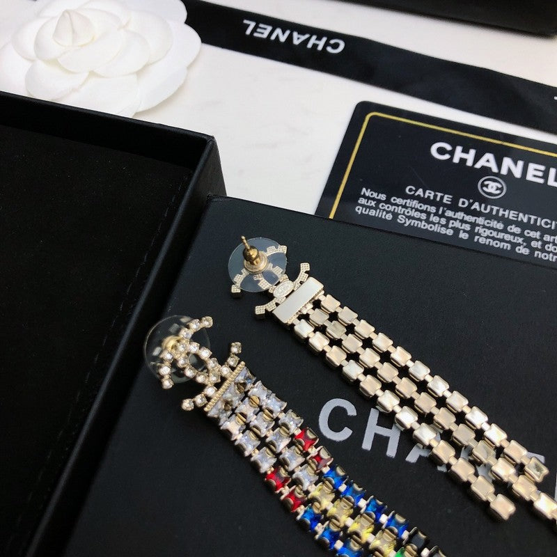 Chanel Long Tassel Color Crystal 18K Gold Earrings