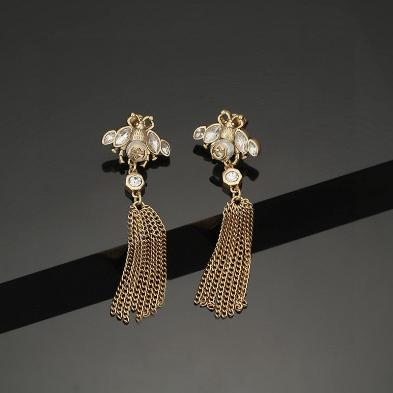 Gucci Double Bee Tassel Crystal 18K Gold Earrings