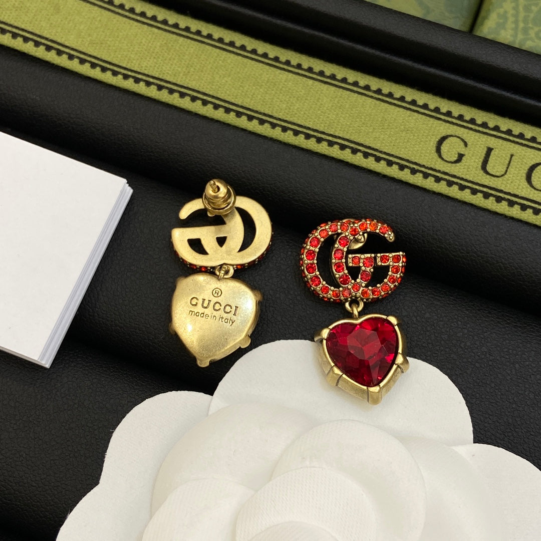 Gucci Double Red Crystal 18K Gold Earrings