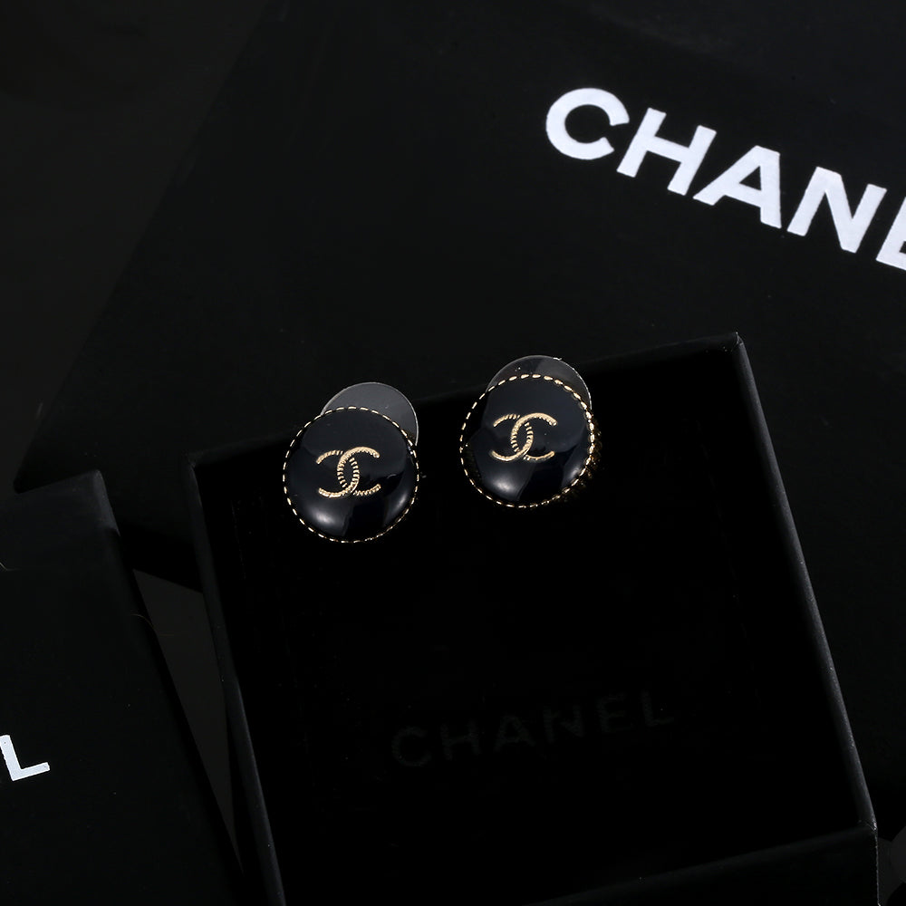 Chanel Circle Black Resin 18K Gold Earrings