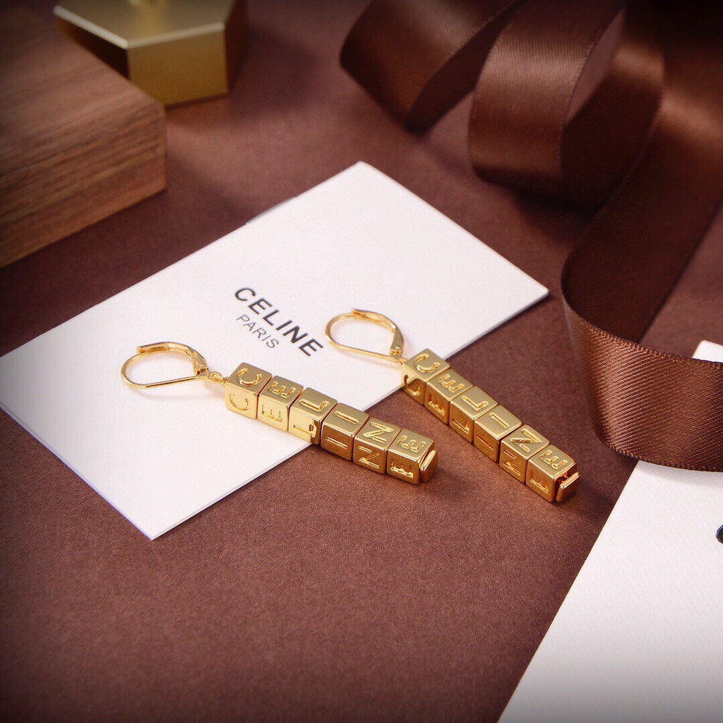 Celine Script Cube 18K Gold Earrings