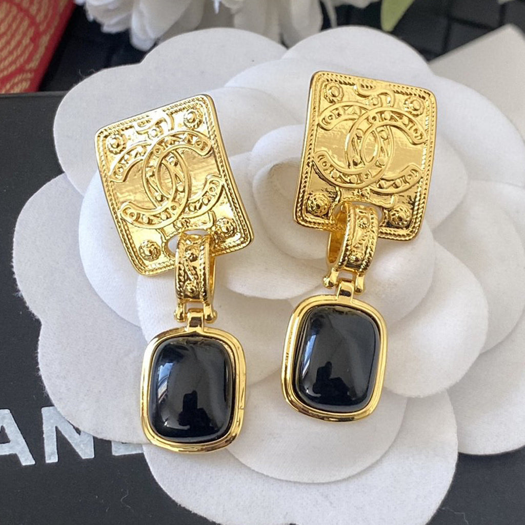 Chanel Black Crystal 18K Gold Earrings