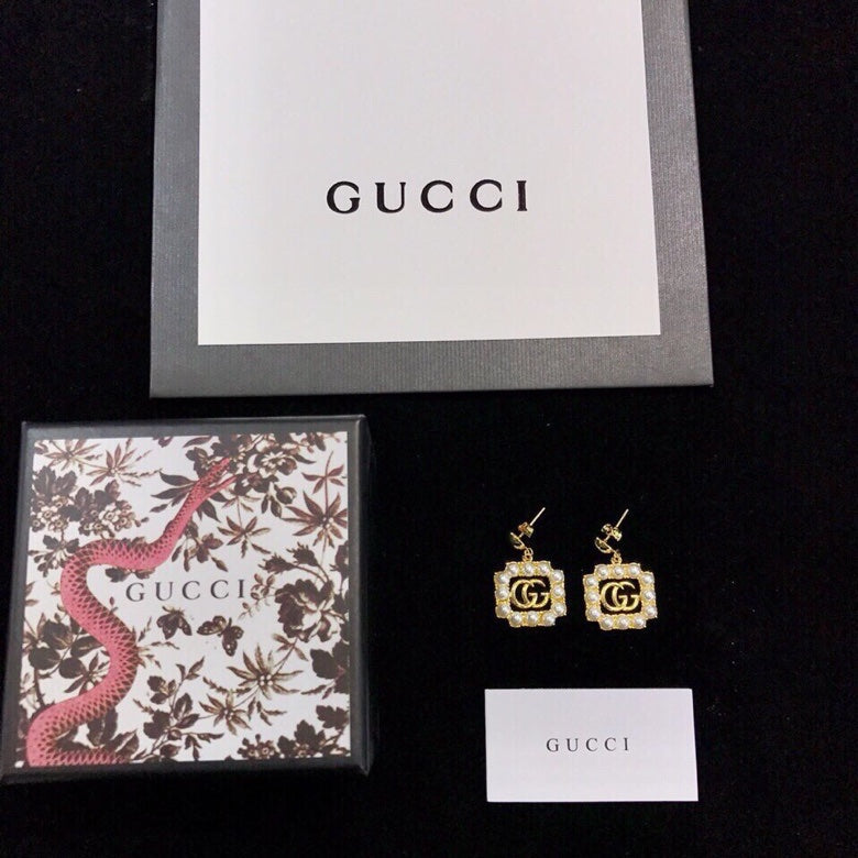 Gucci Double Square Pearl 18K Gold Earrings