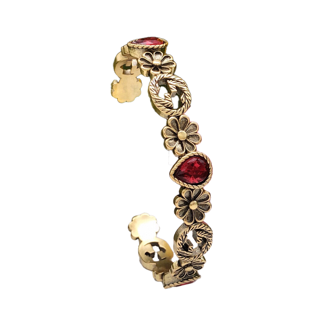 Gucci Double Flowers Red Crystals Open Cuff 18K Gold Bracelet
