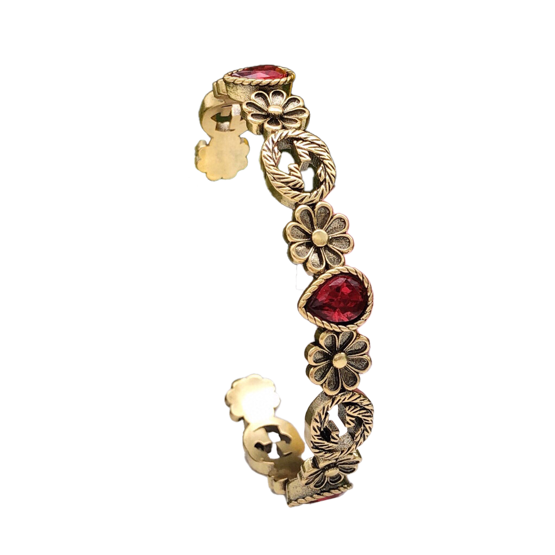 Gucci Double Flowers Red Crystals Open Cuff 18K Gold Bracelet