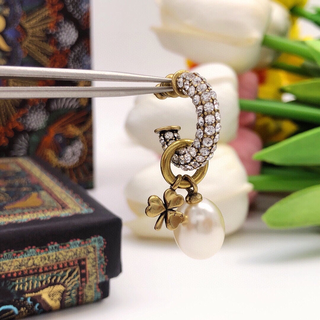 Dior March Grass Pearl Crystals 18K Gold Earrings