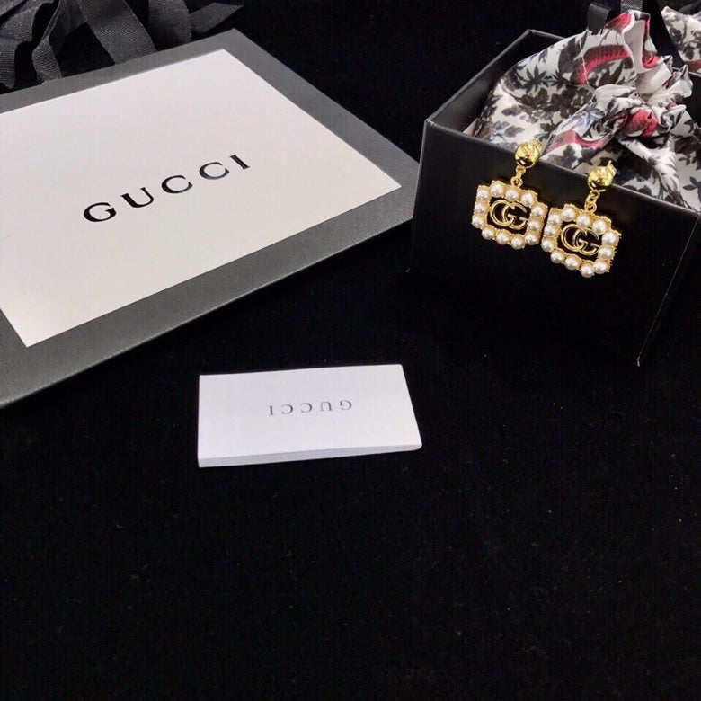 Gucci Double Square Pearl 18K Gold Earrings