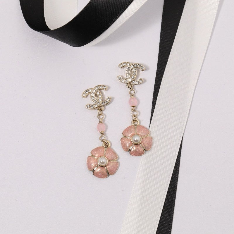 Chanel Black & Pink Camellia Diamond Long 18K Gold Earrings