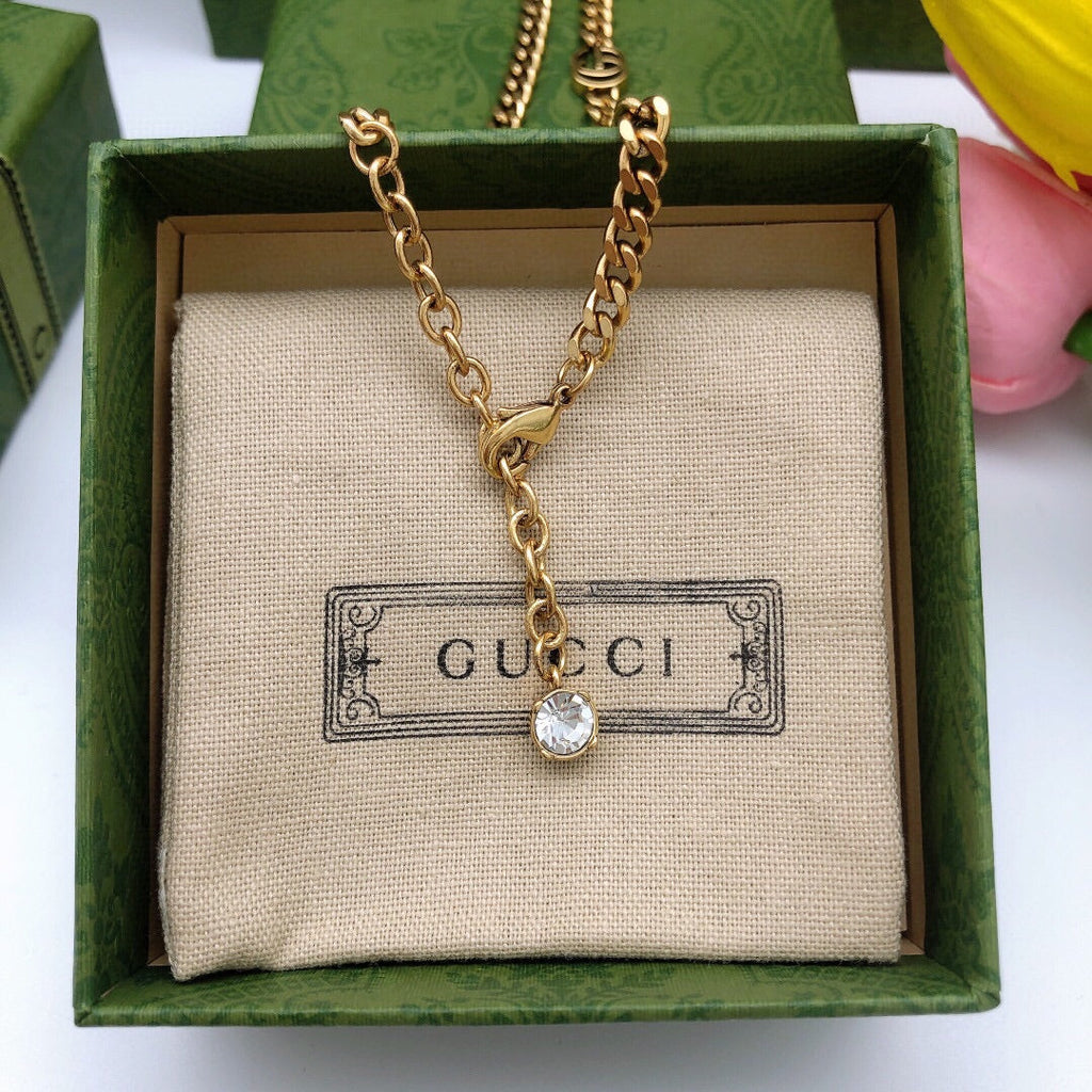 Gucci Double Flower Crystals 18K Gold Necklace