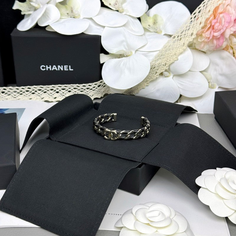 Chanel 26C Black Leather Cuff 18K Gold Bracelet