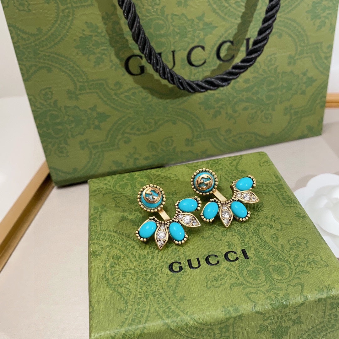 Gucci Double Blue Flowers 18K Gold Earrings