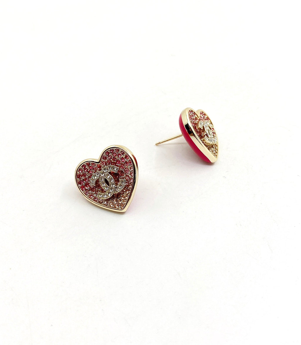 Chanel Diamond Pink Heart 18K Gold Earrings