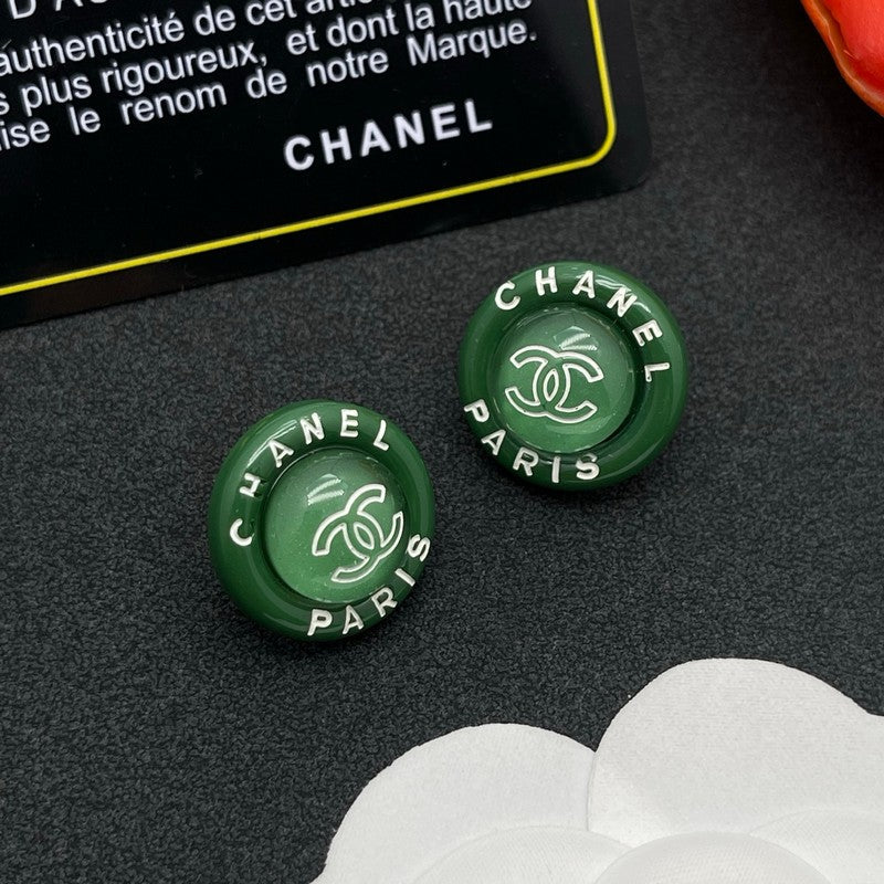 Chanel Green Round 18K Gold Earrings