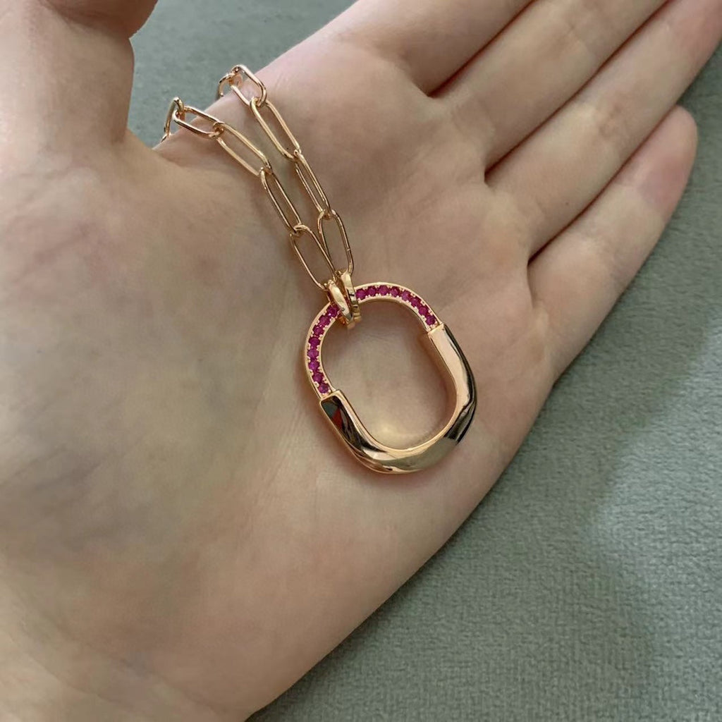Tiffany Lock Pink Pave Diamonds 18K Gold Necklace