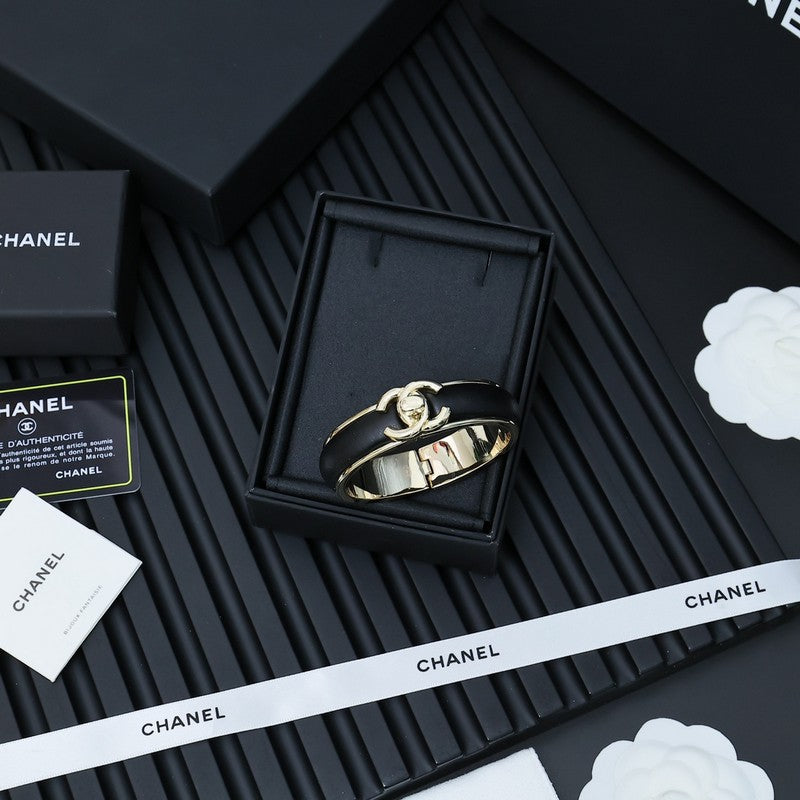Chanel Black Leather Cuff 18K Gold Bracelet