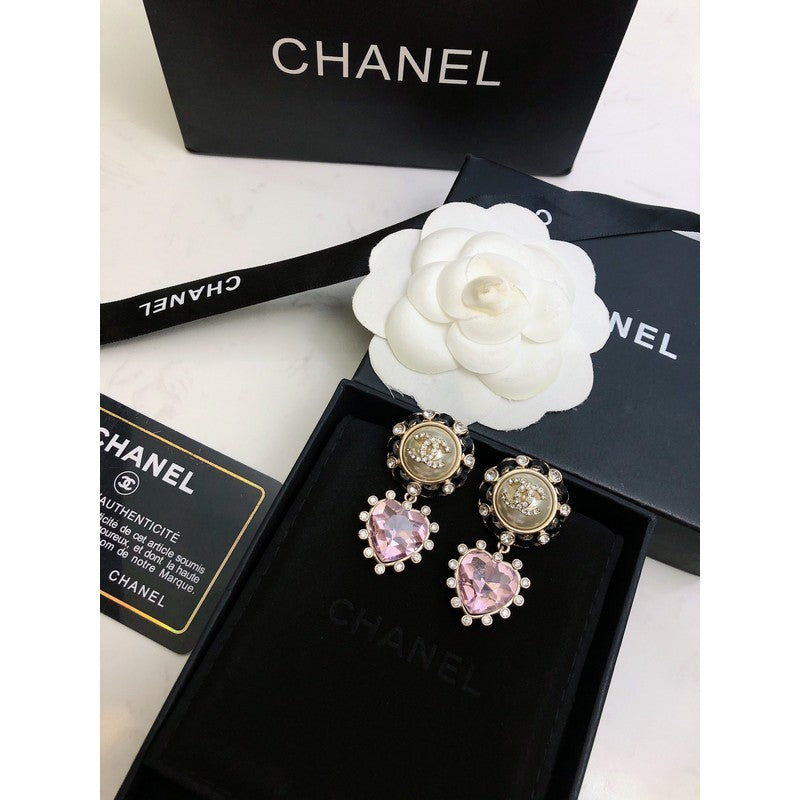 Chanel Heart Pink Crystal 18K Gold Earrings
