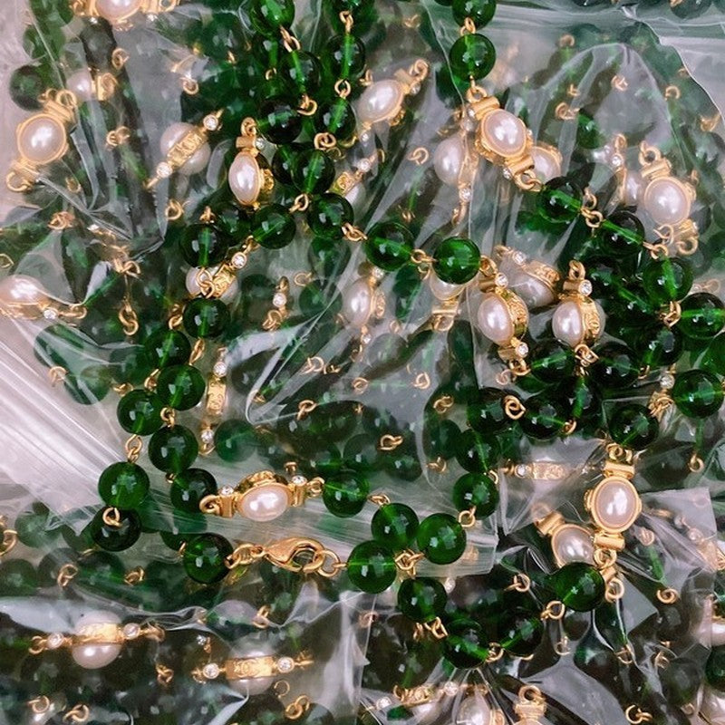 Chanel Long Green & White Pearls 18K Gold Necklace