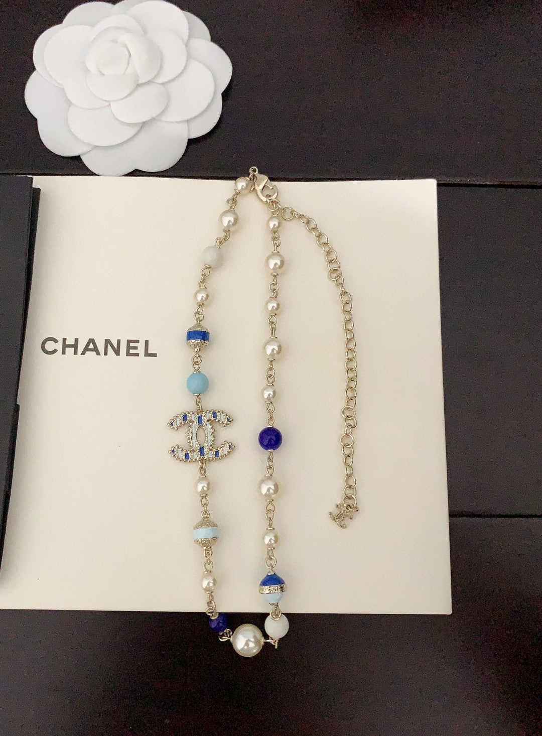 Chanel Blue & White Pearls 18K Gold Necklace