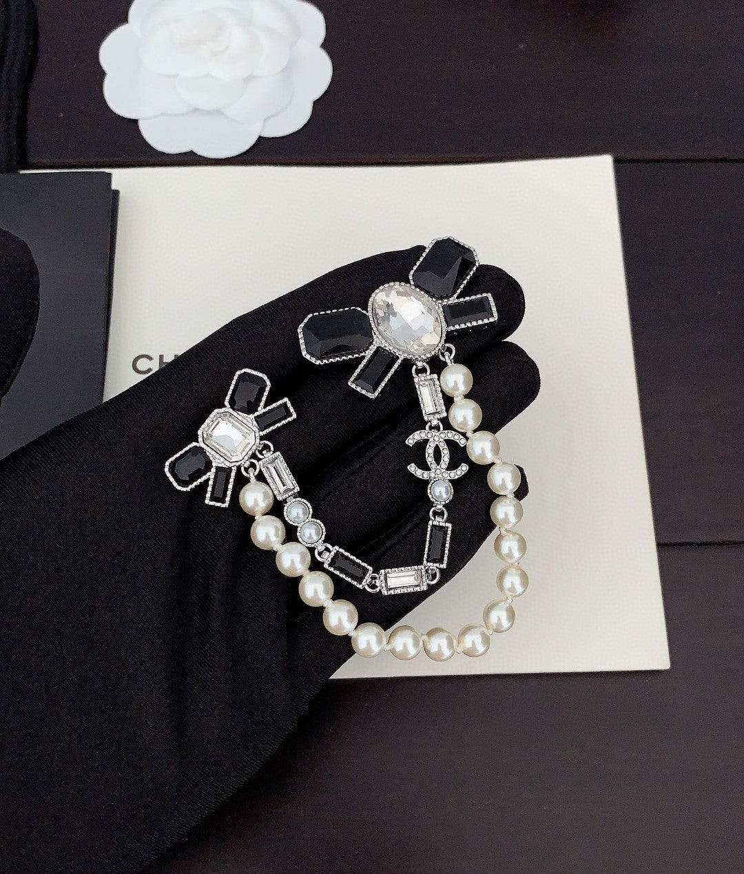 Chanel Black Bow Pearls 18K Gold Brooch