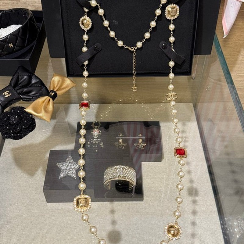 Chanel Long Pearl Red Crystals 18K Gold Necklace