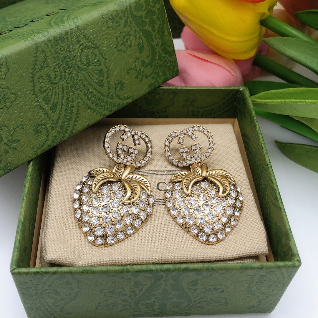 Gucci Double Crystal Strawberry Pendant 18K Gold Earrings