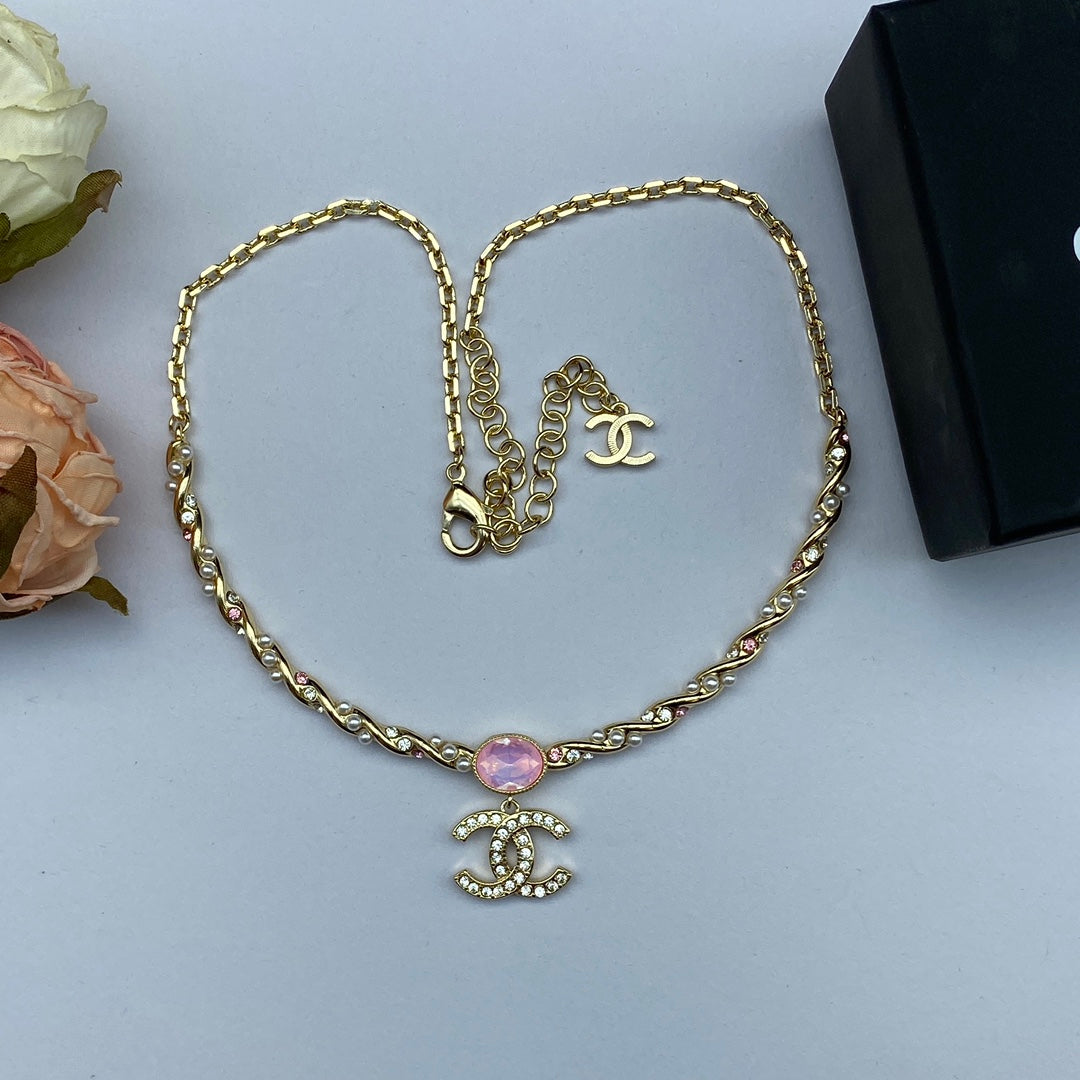 Chanel Pink Crystal 18K Gold Necklace