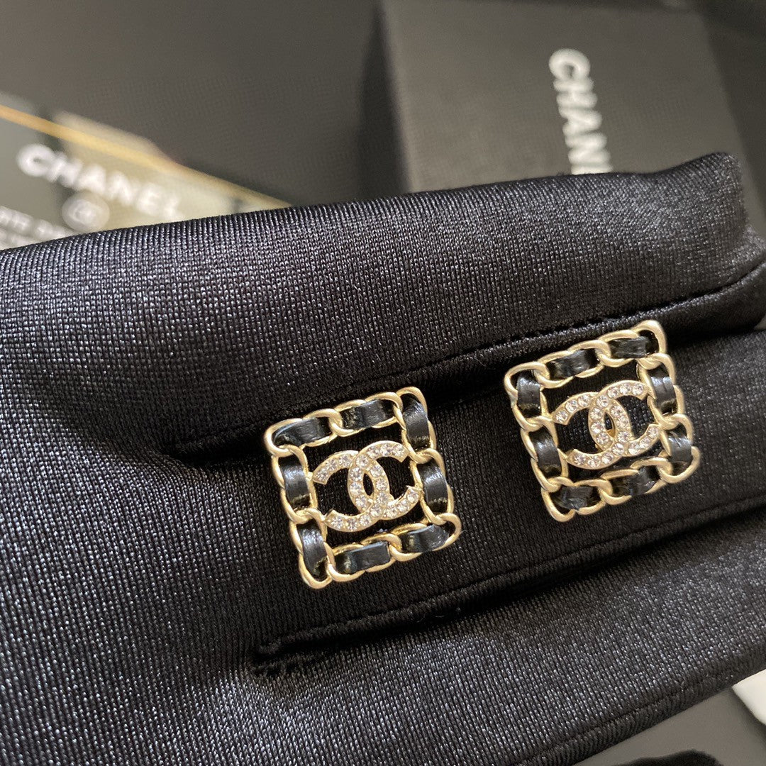 Chanel Square Leather 18K Gold Earrings