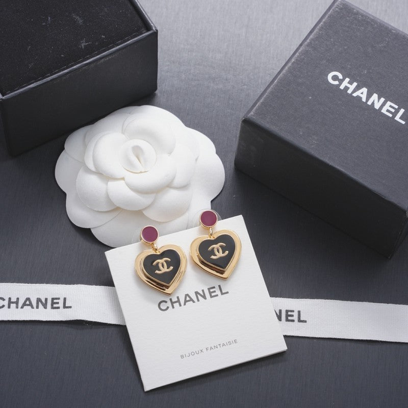 Chanel Black & Red Heart Gold 18K Gold Earrings