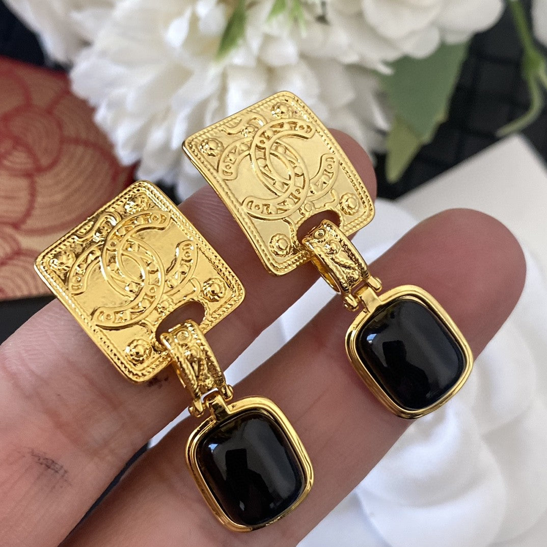 Chanel Black Crystal 18K Gold Earrings