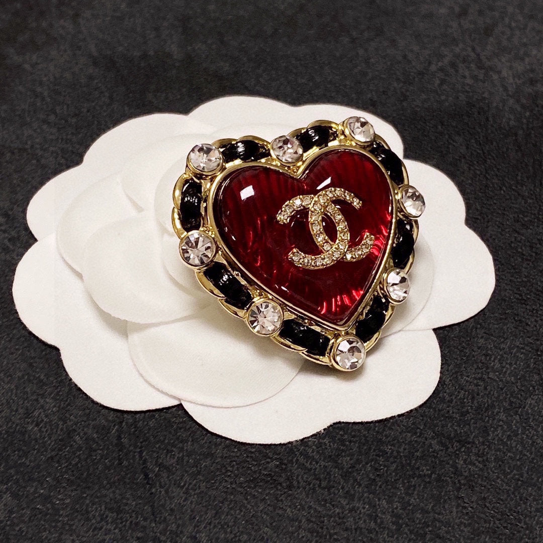 Chanel Red Crystal Heart 18K Gold Brooch