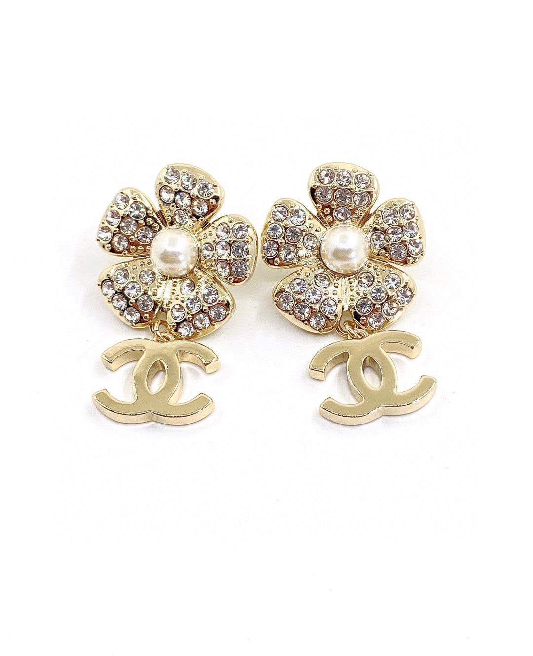 Chanel Flower Full Crystals 18K Gold Earrings