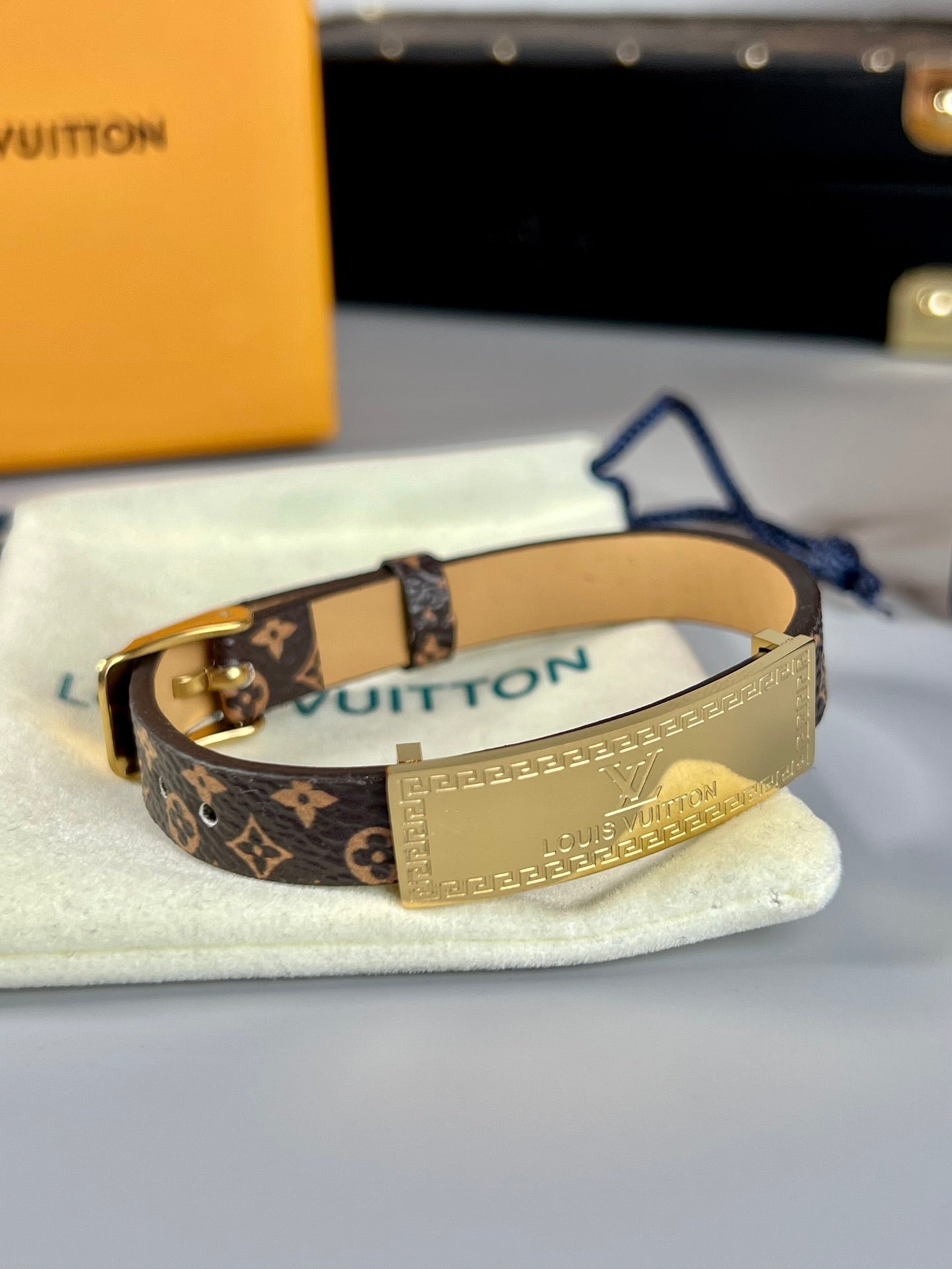 Louis Vuitton Leather 18K Gold Bracelet