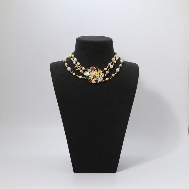 Chanel Color Crystal Pearls Choker 18K Gold Necklace
