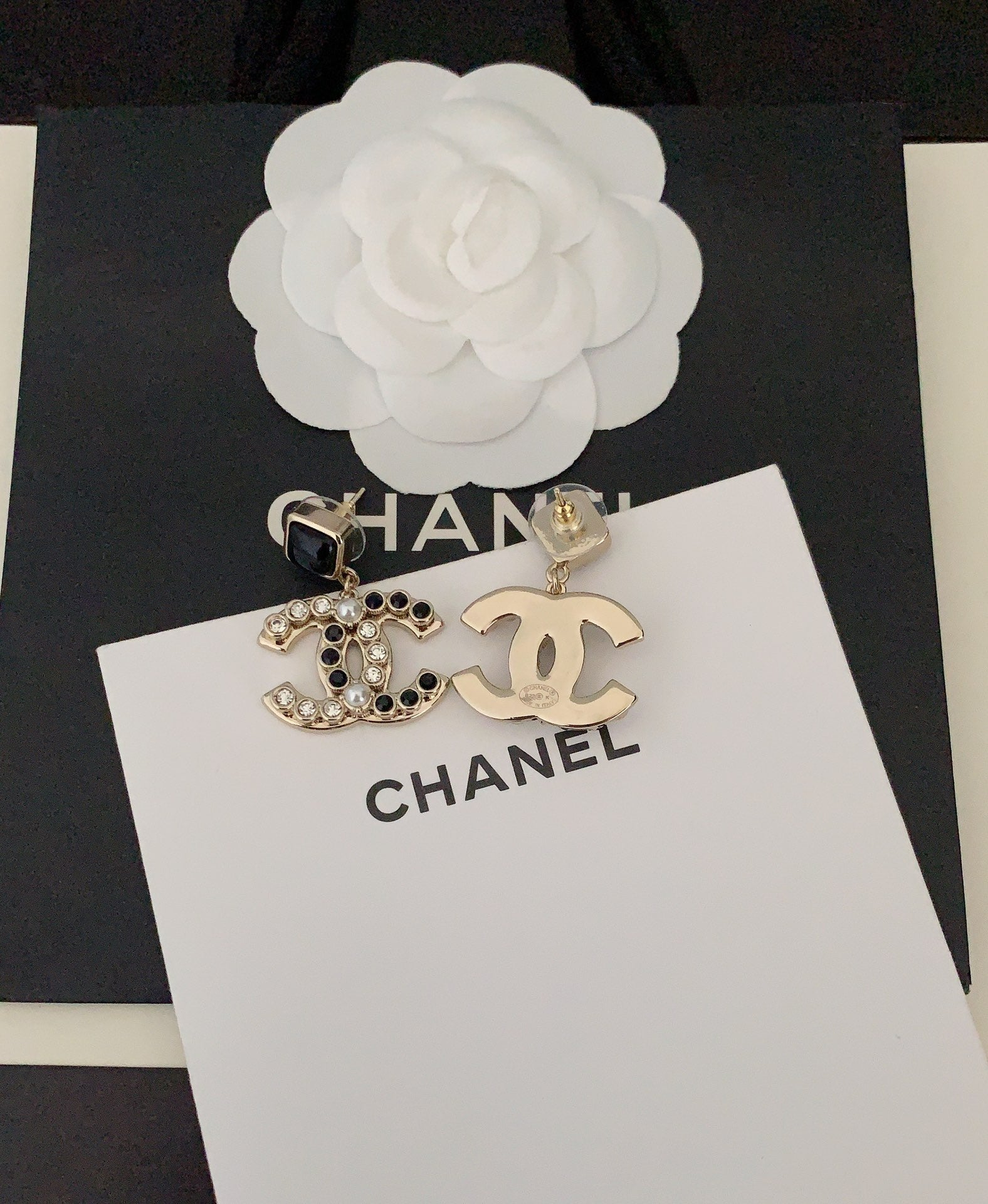Chanel Black Crystals 18K Gold Earrings