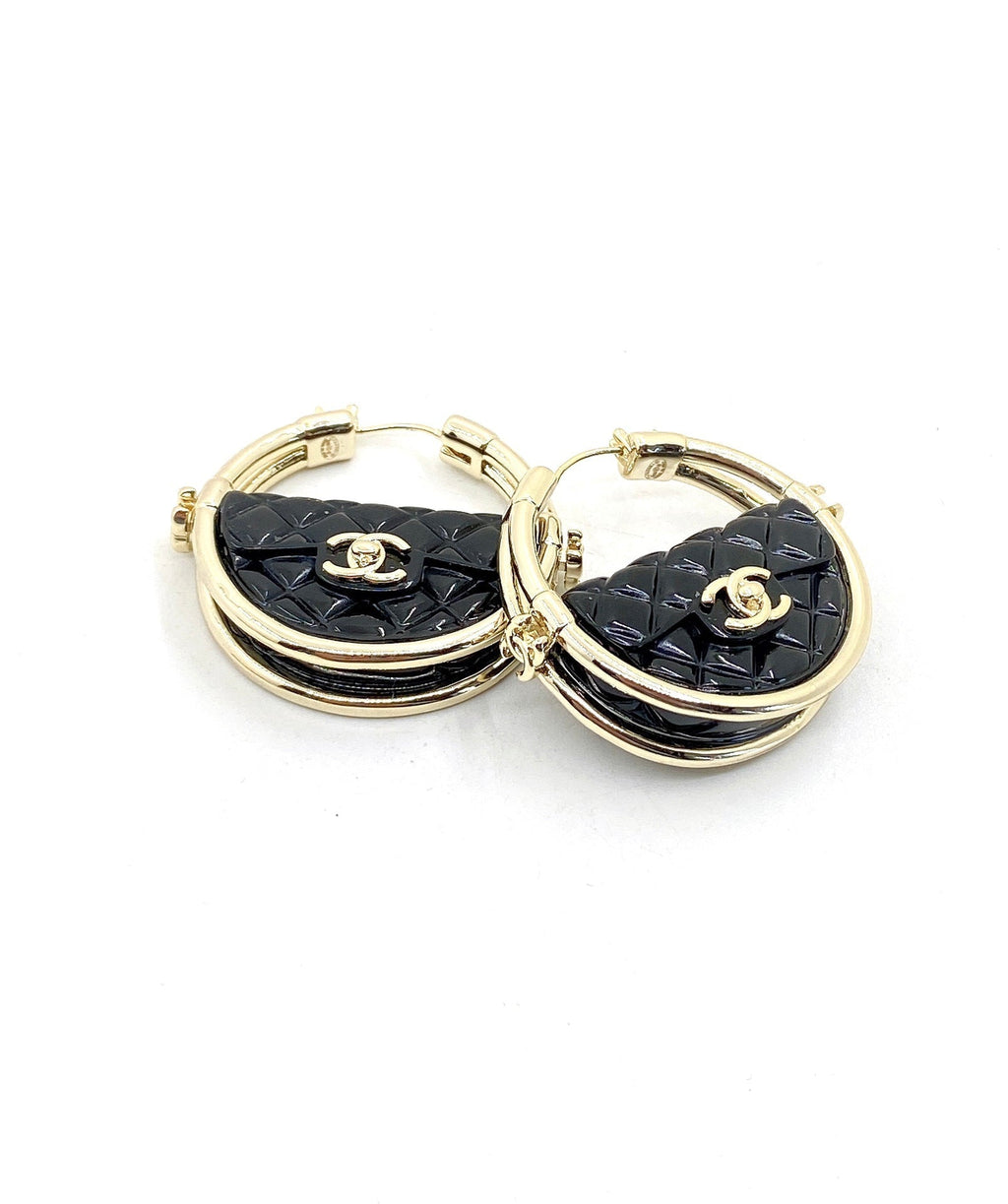 Chanel Black Bag 18K Gold Earrings