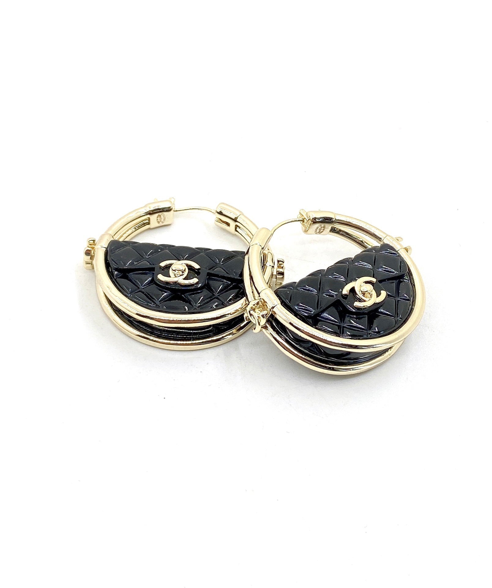Chanel Black Bag 18K Gold Earrings