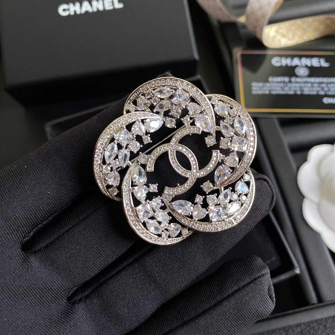 Chanel Camellia Crystals 18K Gold Brooch