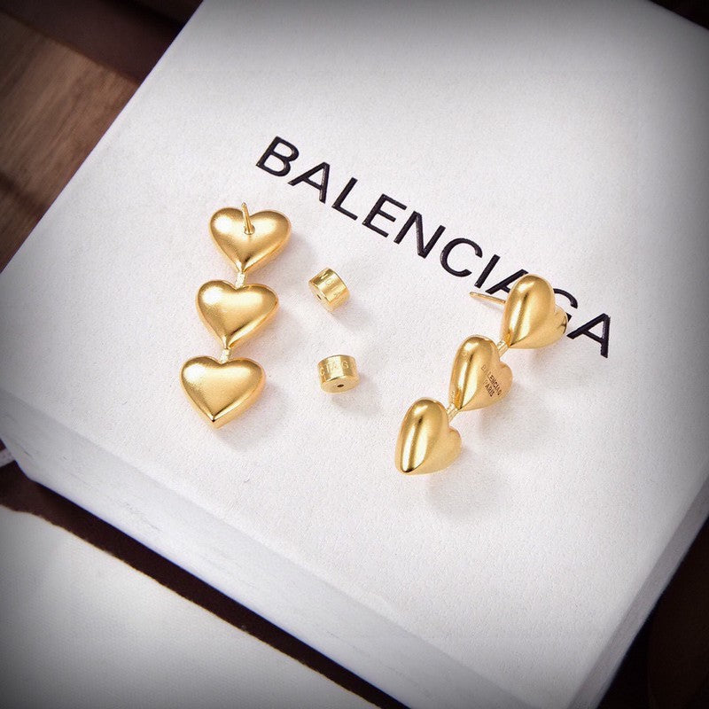 Balenciaga Three Heart Gold 18K Gold Earrings