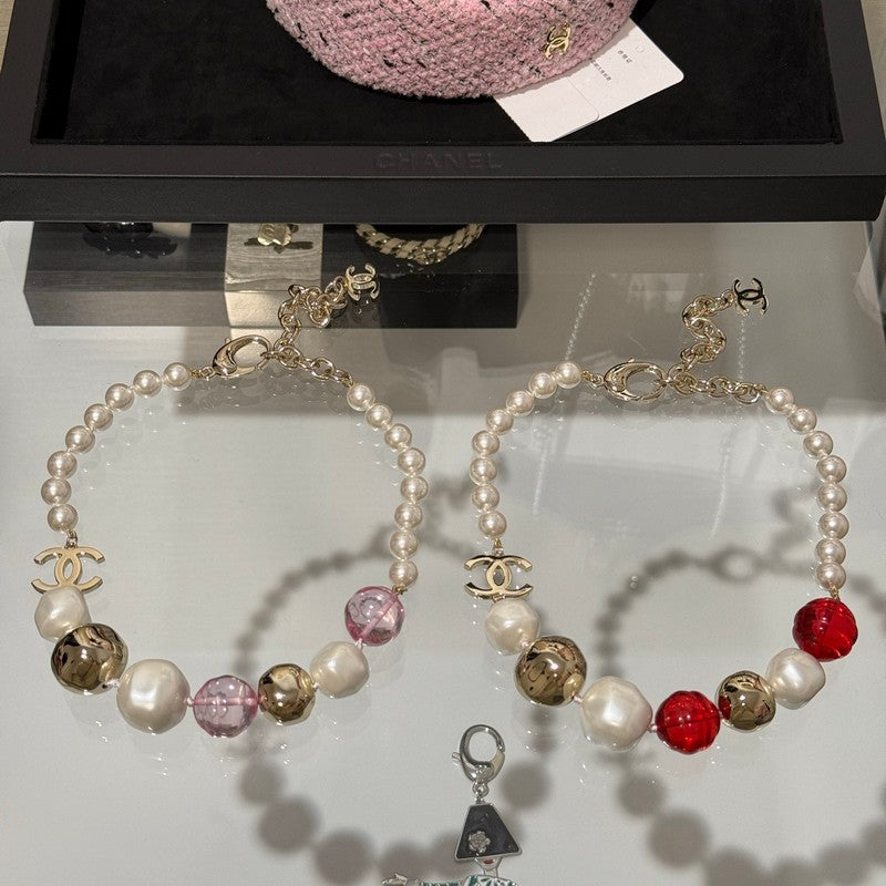Chanel Red Crystal Pearl Choker 18K Gold Necklace