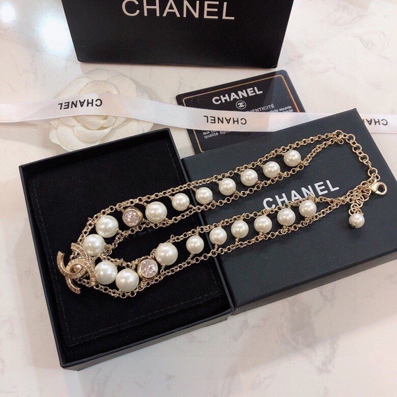 Chanel Pearl Choker Chain 18K Gold Necklace