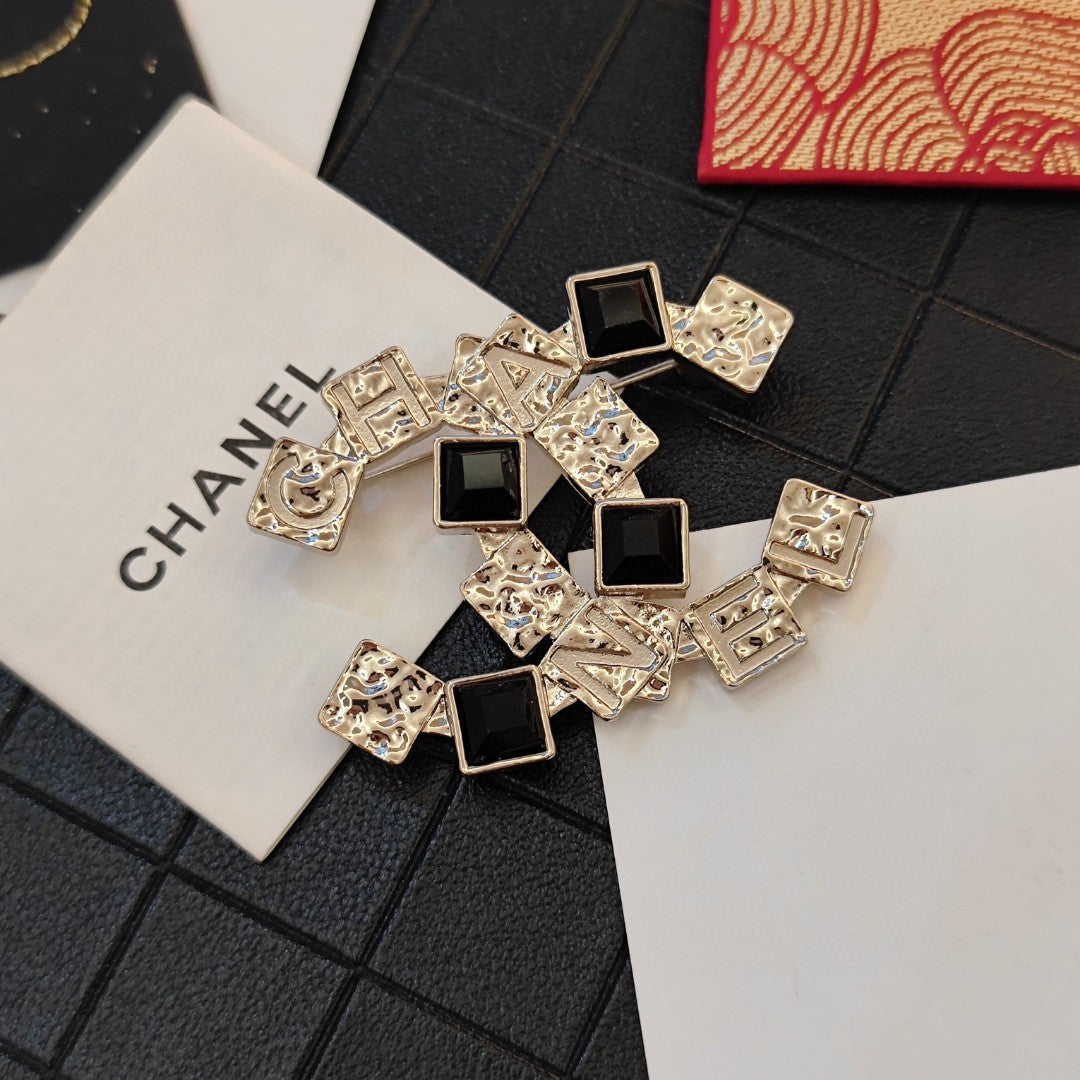 Chanel Black Crystals 18K Gold Brooch