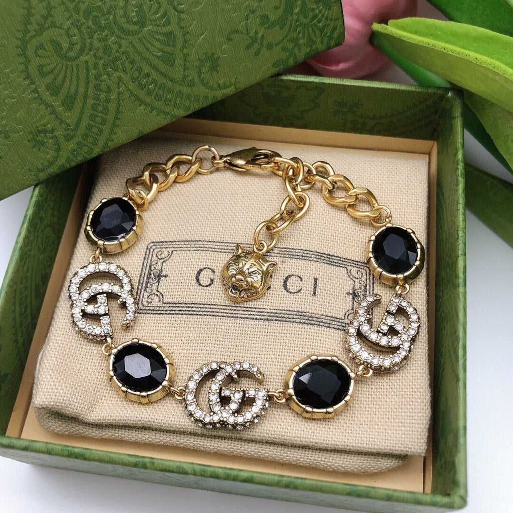 Gucci Double Black Stones Chain 18K Gold Bracelet