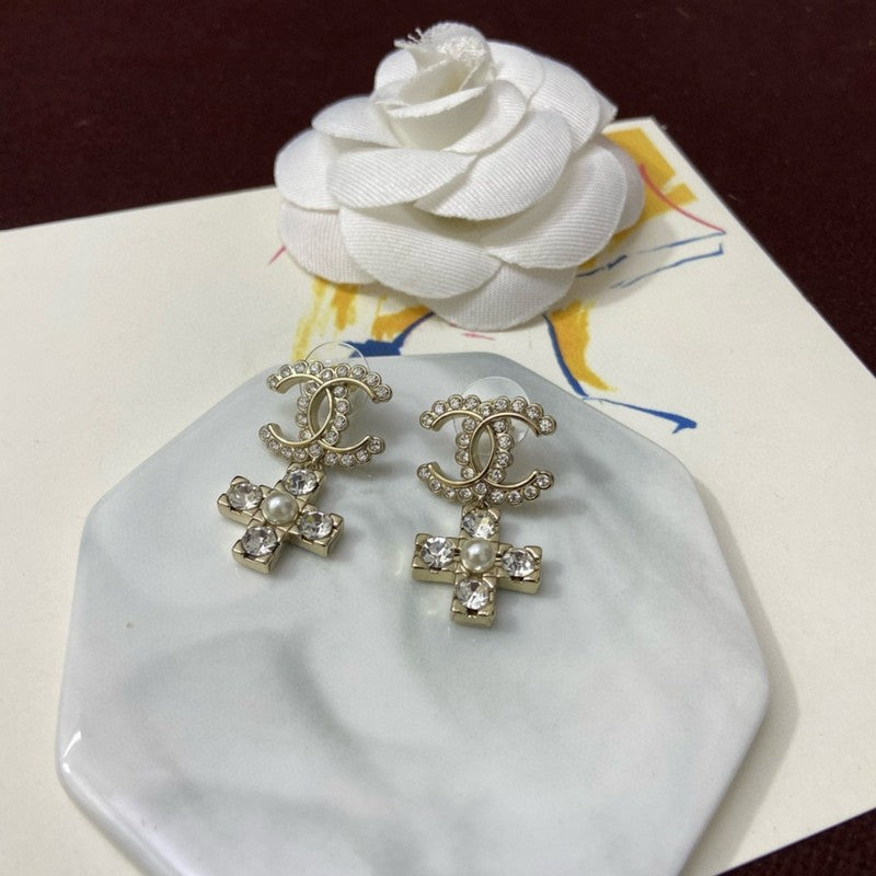 Chanel Cross Pearl & Diamond 18K Gold Earrings