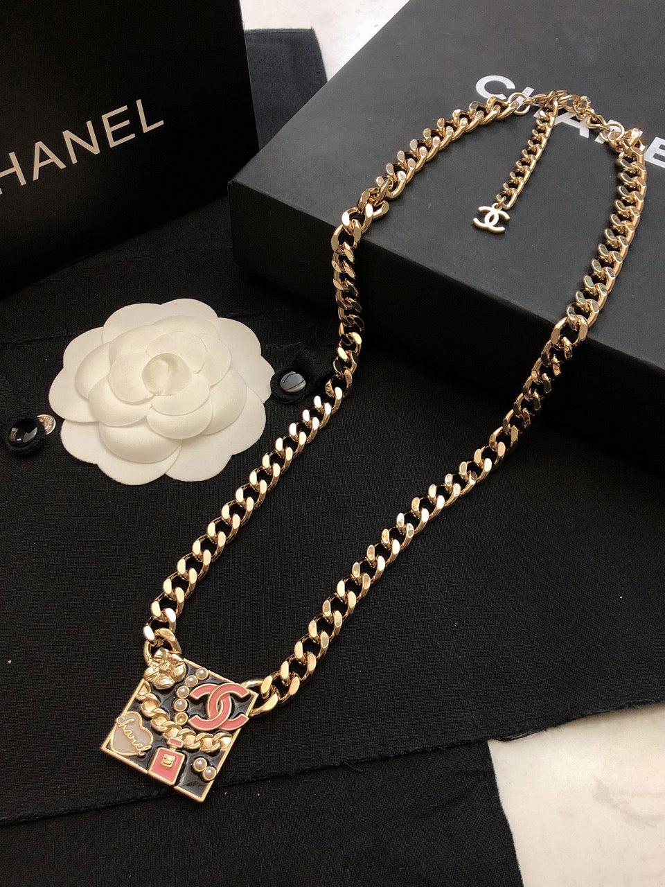 Chanel Pink Logo Chain 18K Gold Necklace