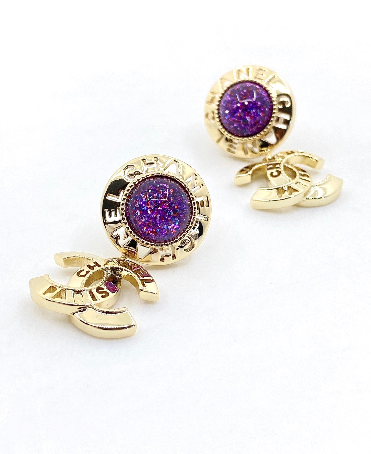 Chanel Purple Crystals 18K Gold Earrings