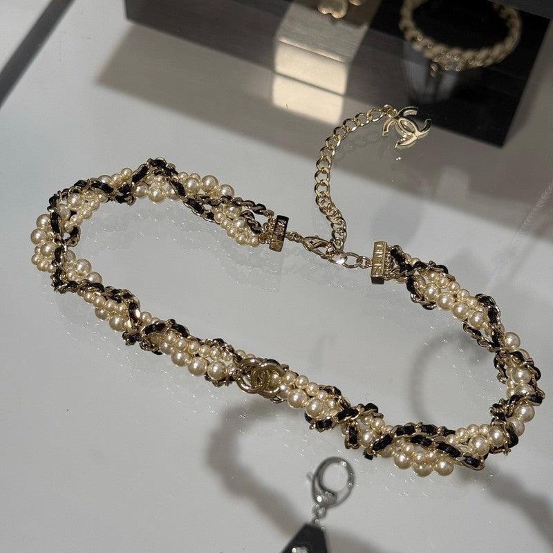 Chanel Pearl Leather Choker 18K Gold Necklace