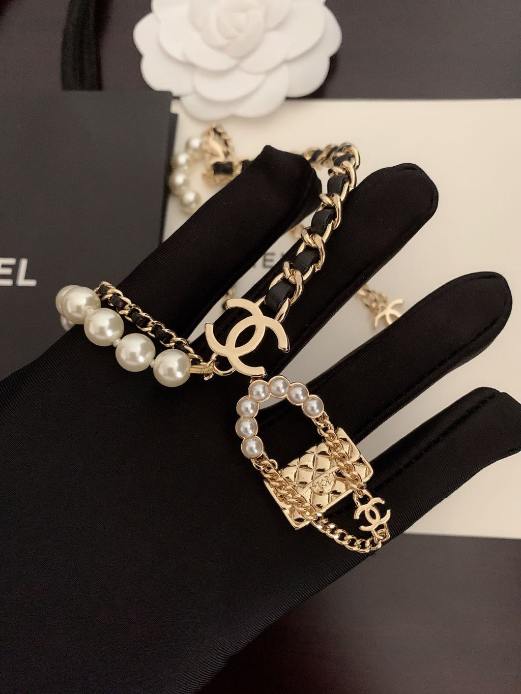 Chanel Pearl Leather Bag Pendant 18K Gold Necklace